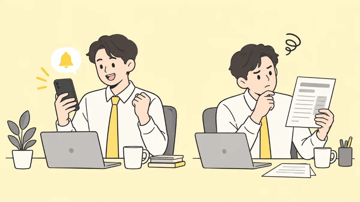 성과급 알림이 뜬 휴대폰을 보며 웃다가 급여명세서를 보고 고개를 갸웃하는 직장인