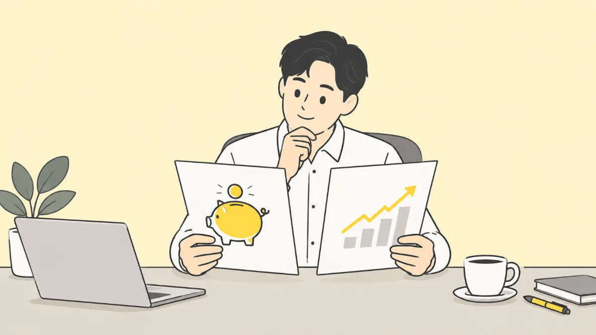 저금통과 그래프가 그려진 서류를 나란히 놓고 비교하는 직장인