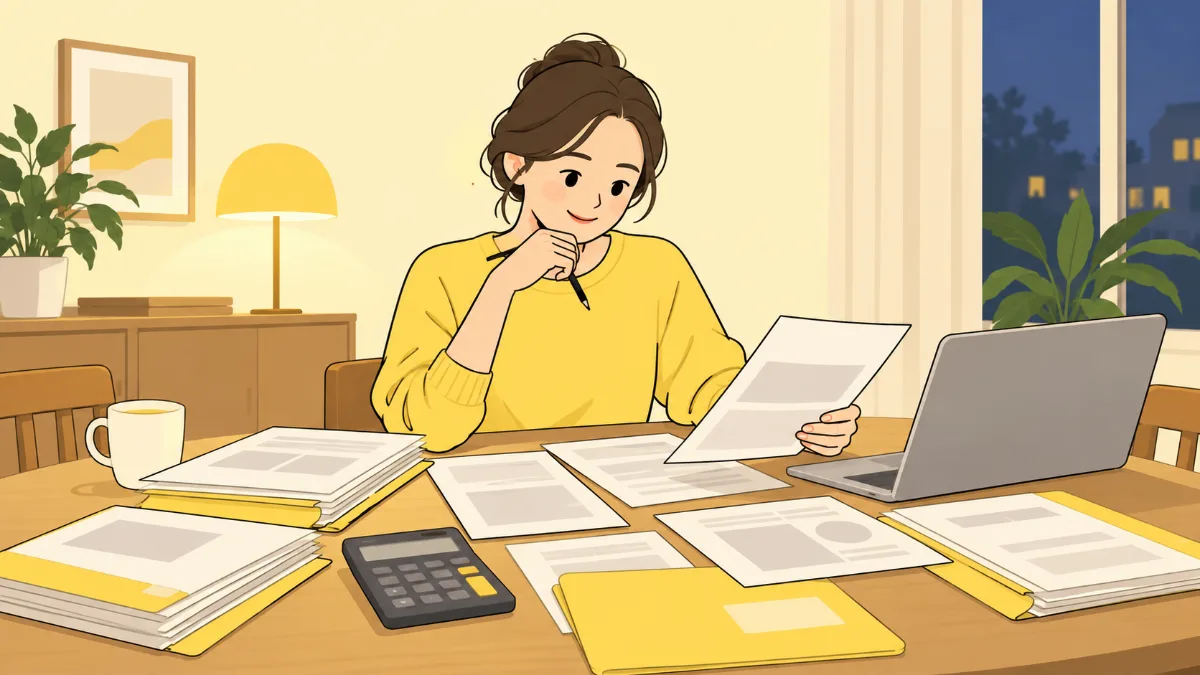 저녁 식탁에 대출 서류철과 카드 명세서, 계산기를 펼쳐 놓고 연말정산을 준비하는 직장인