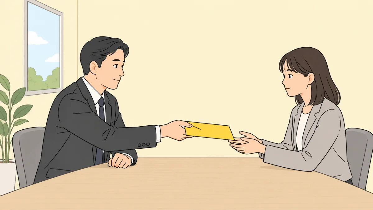 회의실 탁자 너머로 관리자가 건네는 서류 봉투를 직원이 받아 드는 장면
