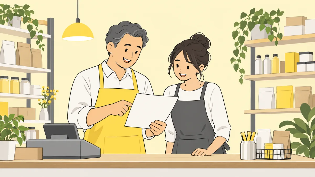 작은 가게 앞에서 사장님과 직원이 서류를 함께 보며 웃는 모습