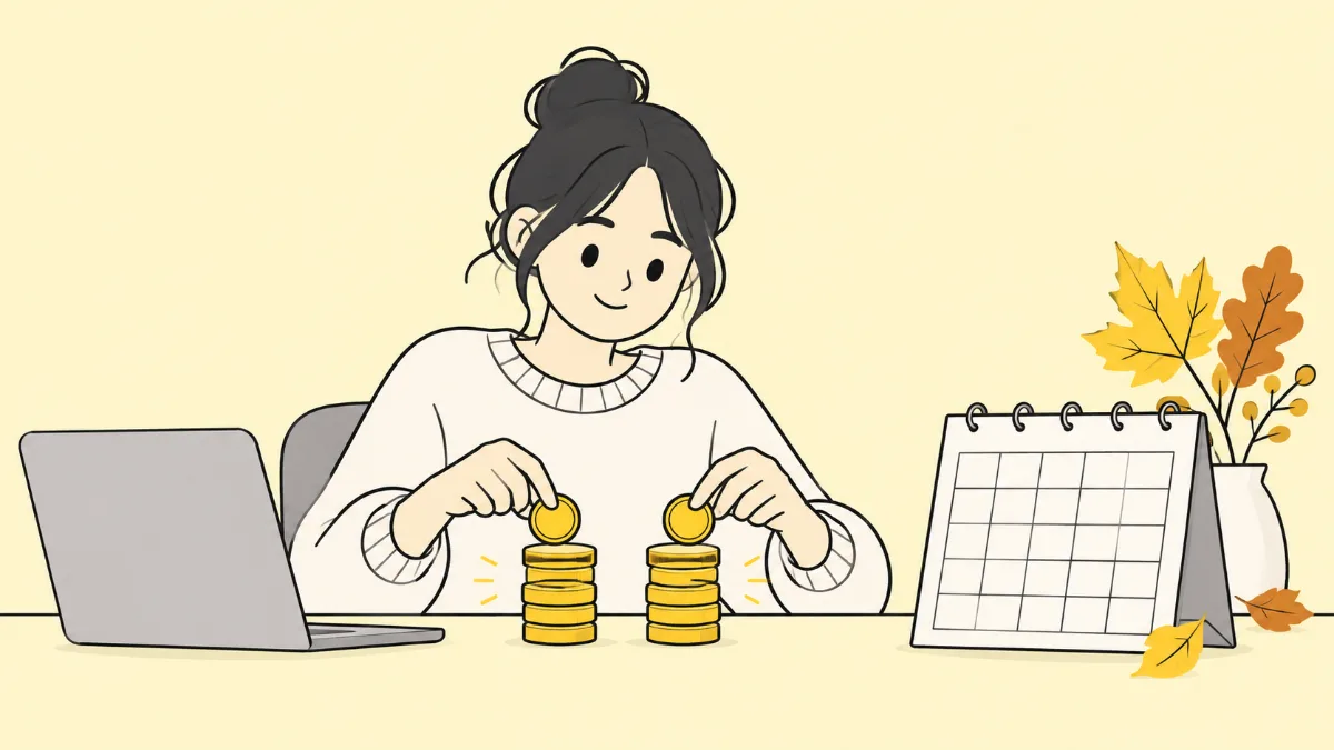 작업실 책상에서 프리랜서가 11월 달력 옆에 소득세 고지서와 작년 신고서를 나란히 놓고 비교하는 장면
