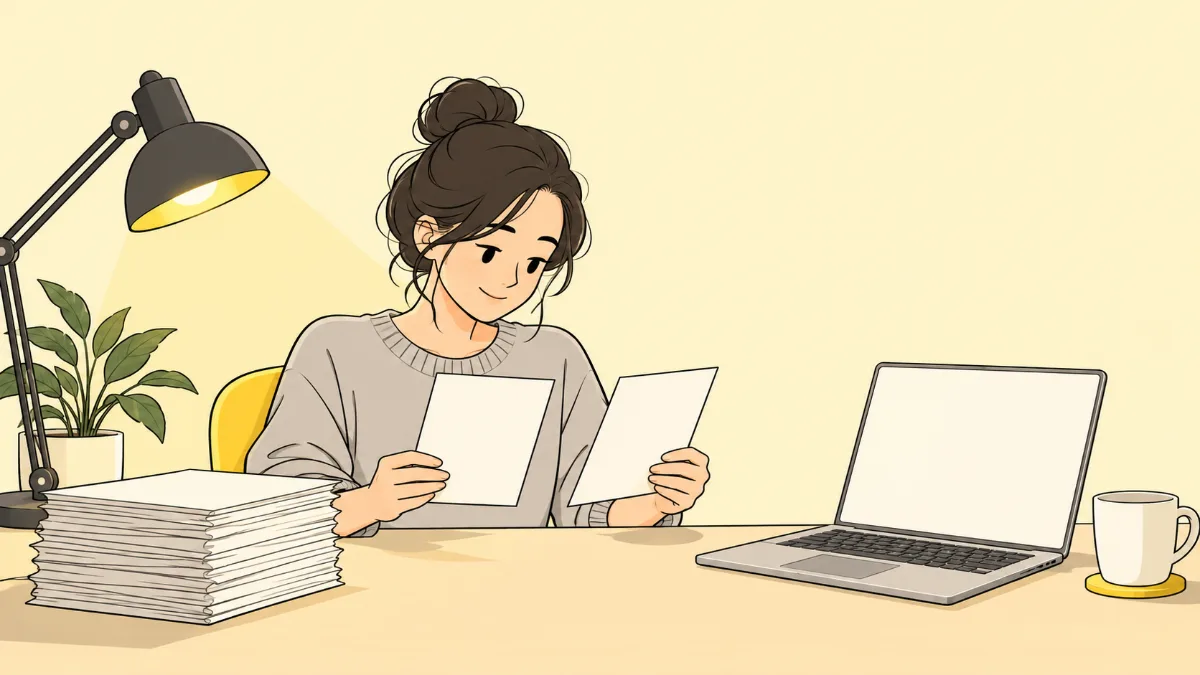 원고 더미 옆에서 종이 두 장을 나란히 놓고 비교해 보는 작가