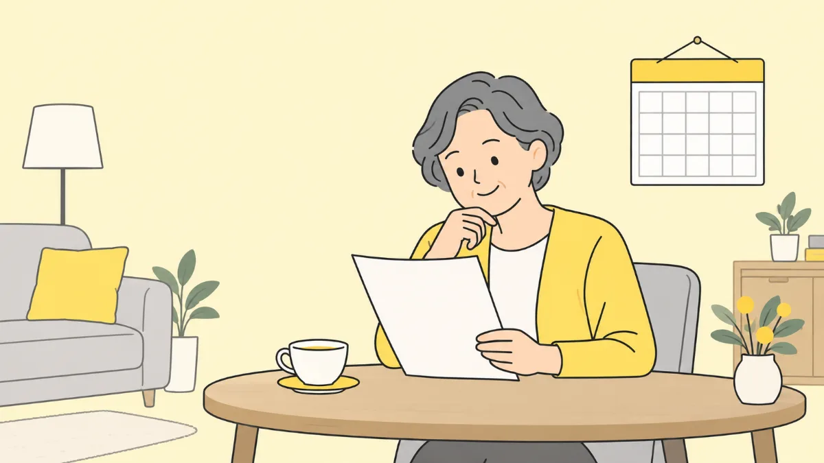 거실 탁자에서 연금 안내 우편물과 달력을 보며 계획을 세우는 중년의 사람