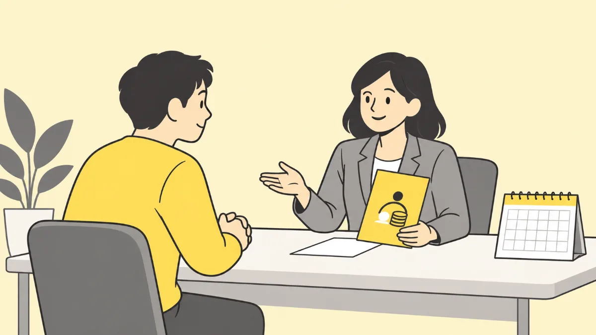 고용센터 대기석에서 실업급여 안내문과 국민연금 납부 고지서를 함께 들여다보는 30대 남성