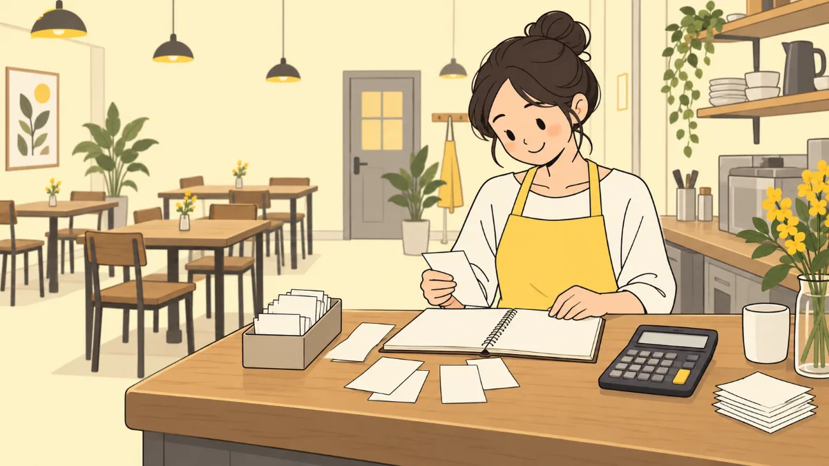 작은 식당 주인이 영업을 마치고 계산대에서 장부를 정리하는 모습