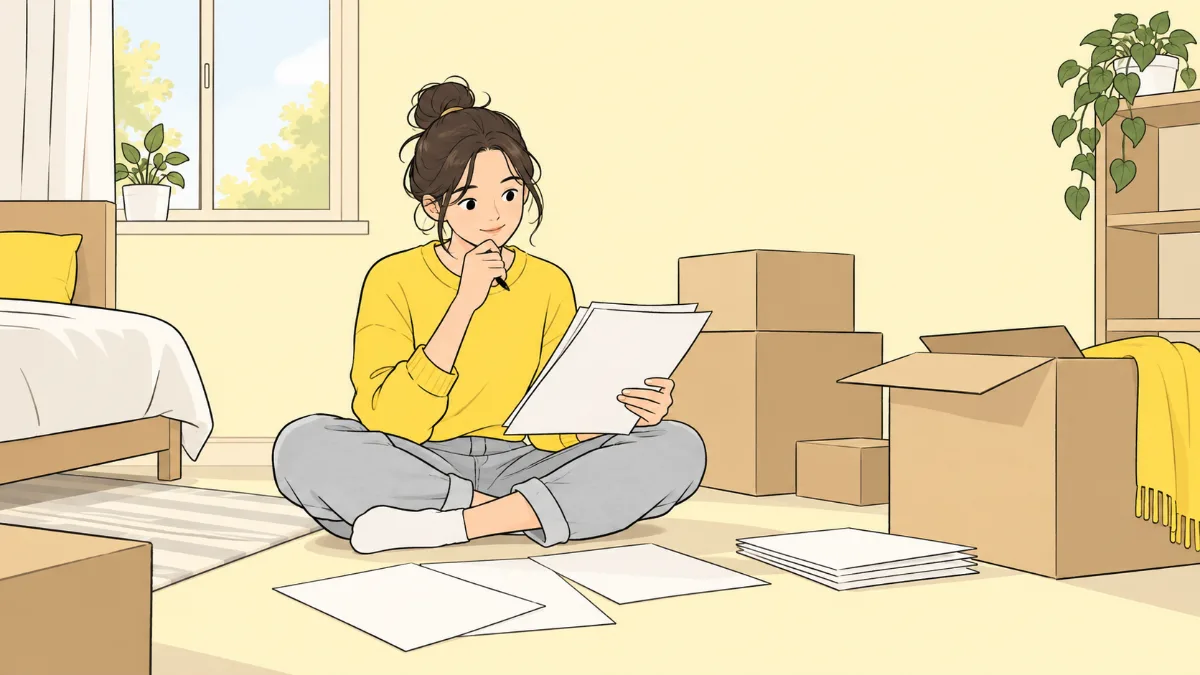 이삿짐 상자가 놓인 작은 방에서 임대차 계약서를 펼쳐 보는 세입자