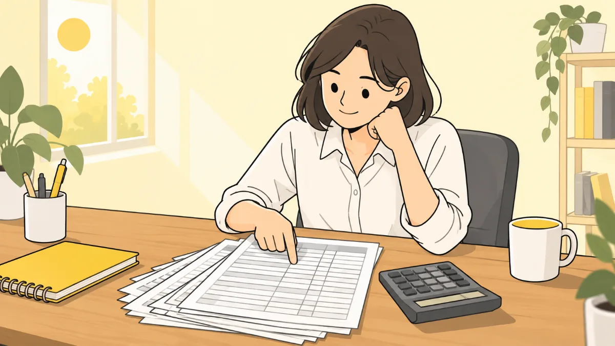 책상 위에 열두 달 치 급여명세서를 겹쳐 놓고 공제 항목 줄을 손가락으로 짚어 보는 직장인