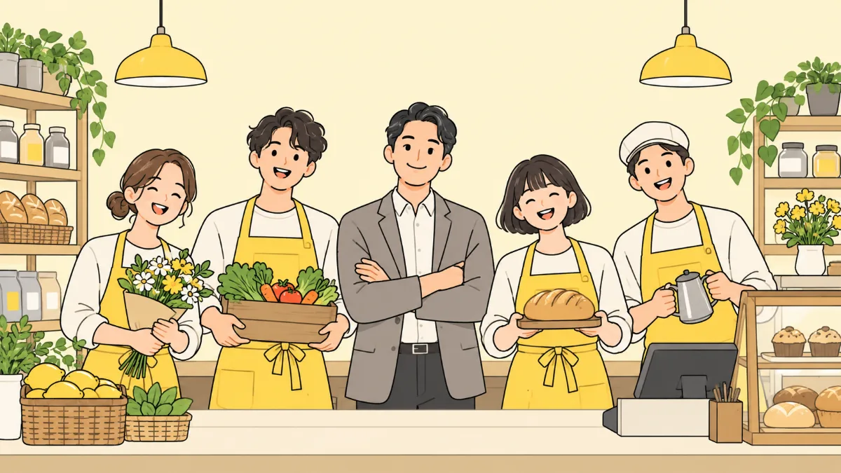 작은 가게 계산대 앞에서 직원 근무표를 들여다보는 사장