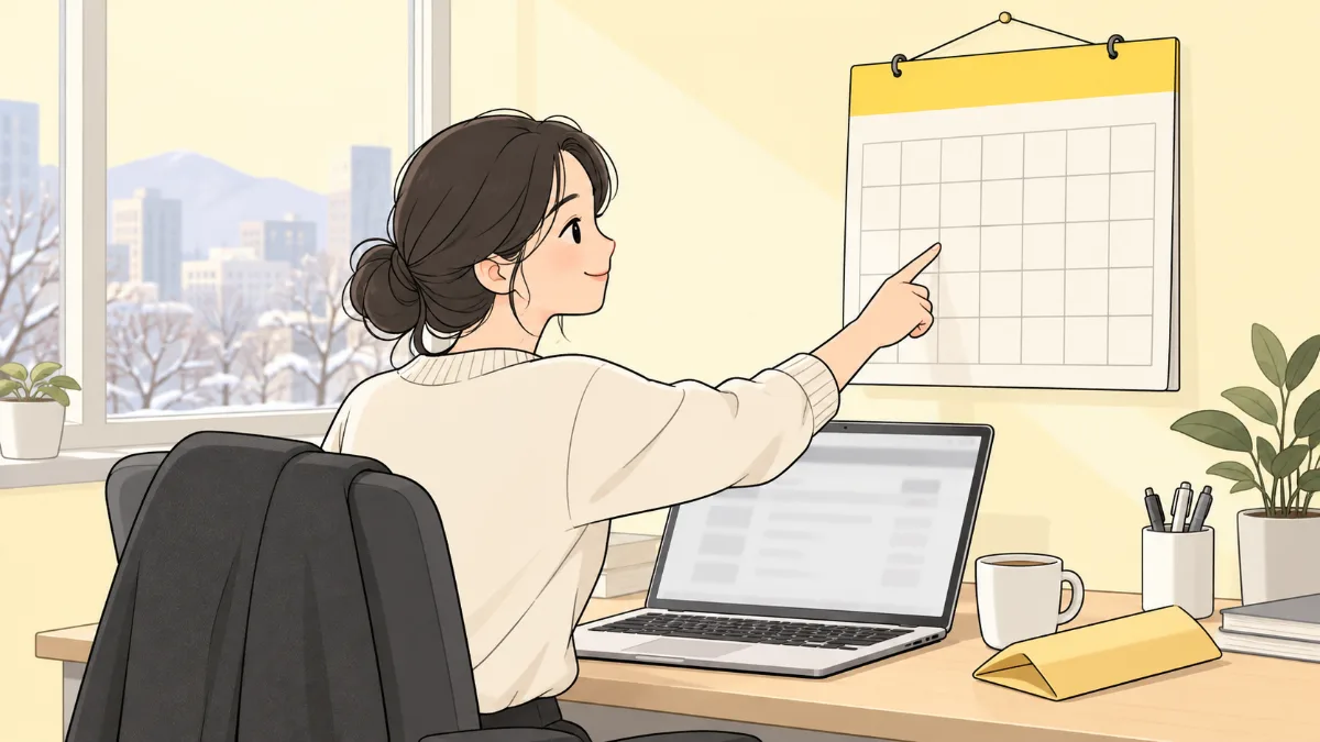 사무실 책상 위 노트북 화면에 급여 명세 화면이 떠 있고, 직장인이 달력의 2월 칸을 손가락으로 짚어 보는 모습